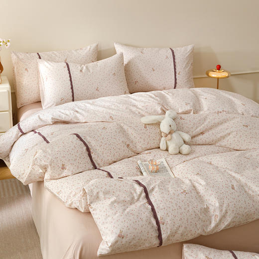 【春夏上新】自然醒40支13070全棉斜纹印花+蕾丝花田小兔系列四件套床单被套床上用品床笠款JY 商品图9