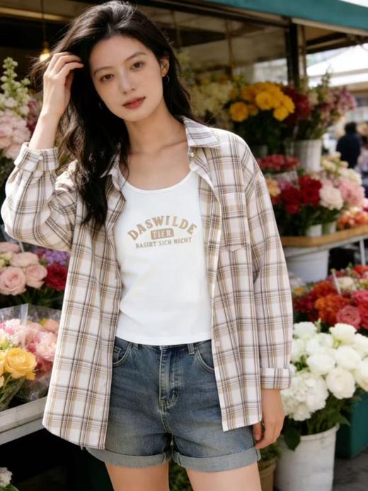 品牌促【自营】衣周期 （两件套）春夏薄款～100%棉9131卡其格子衬衫➕背心套装上衣-喜出 商品图2