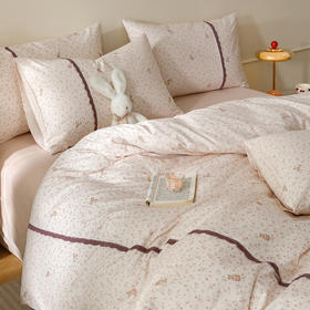 【春夏上新】自然醒40支13070全棉斜纹印花+蕾丝花田小兔系列四件套床单被套床上用品床笠款JY