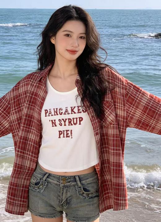 418良粉节|2026 活动爆款 品牌促【自营】衣周期 （两件套）春夏薄款～90%棉7396红格衬衫➕背心套装上衣-喜出 商品图0