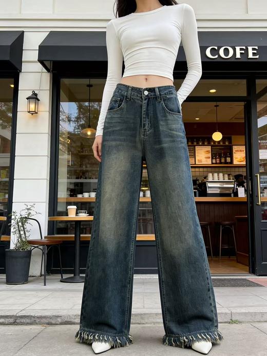 软料牛仔【自营】衣周期 8972（87%棉➕13%莱赛尔）垂感软料毛边工艺直筒阔腿百搭牛仔裤-喜出 商品图4