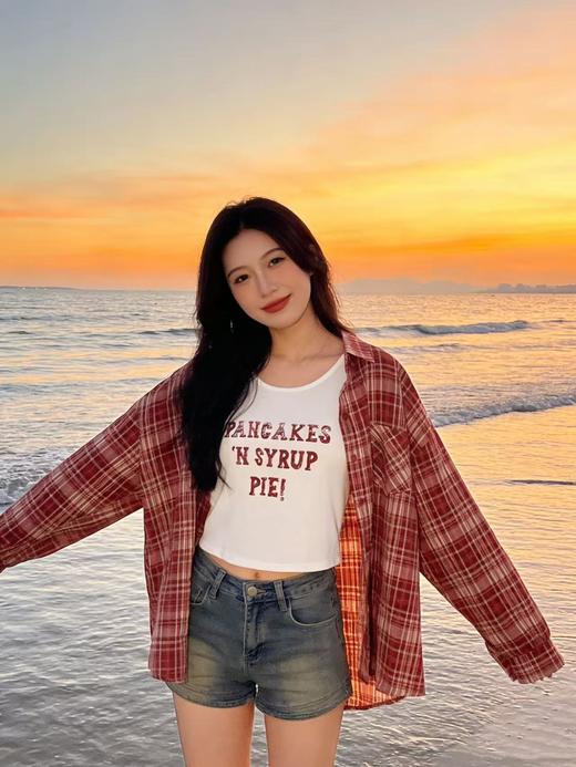 418良粉节|2026 活动爆款 品牌促【自营】衣周期 （两件套）春夏薄款～90%棉7396红格衬衫➕背心套装上衣-喜出 商品图3