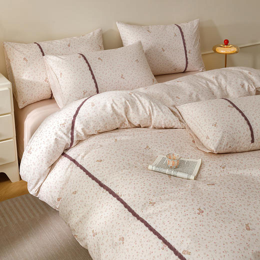 【春夏上新】自然醒40支13070全棉斜纹印花+蕾丝花田小兔系列四件套床单被套床上用品床笠款JY 商品图4