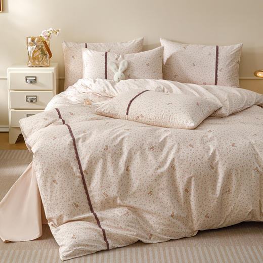 【春夏上新】自然醒40支13070全棉斜纹印花+蕾丝花田小兔系列四件套床单被套床上用品床笠款JY 商品图6