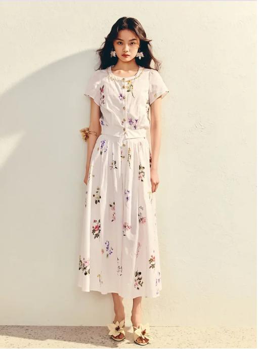 玛克门店发货：法式度假印花半身裙高腰百褶25夏款淡人穿搭女MS86SK031A10 商品图0