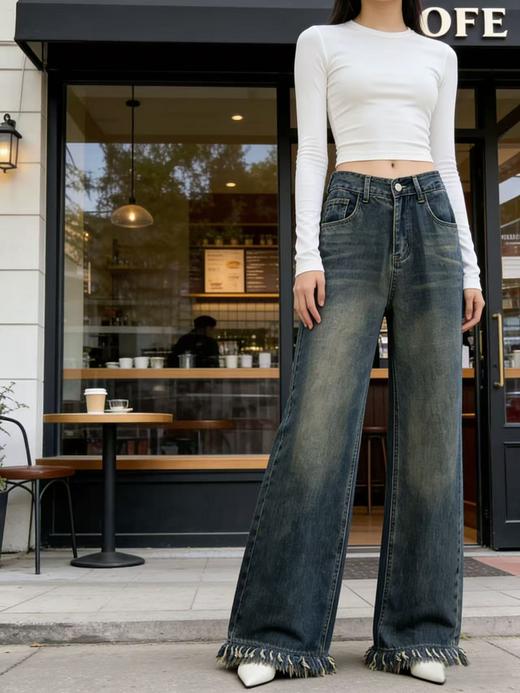 软料牛仔【自营】衣周期 8972（87%棉➕13%莱赛尔）垂感软料毛边工艺直筒阔腿百搭牛仔裤-喜出 商品图3