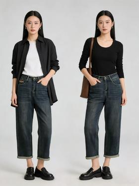 软料牛仔【自营】衣周期 8886（85%棉）后口袋彩色刺绣字母卷边老爹裤九分牛仔裤-喜出