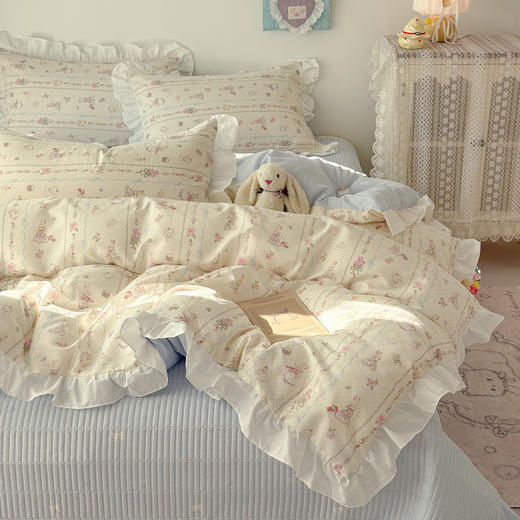 【春夏上新】自然醒全棉绗缝花边床盖四件套床垫保护床套加厚防滑床盖JY 商品图5