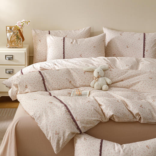 【春夏上新】自然醒40支13070全棉斜纹印花+蕾丝花田小兔系列四件套床单被套床上用品床笠款JY 商品图8