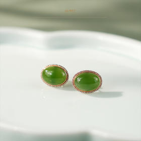 【小茉莉】18K玫瑰金镶碧玉蛋面细钻耳钉