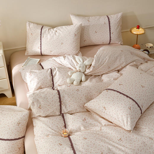 【春夏上新】自然醒40支13070全棉斜纹印花+蕾丝花田小兔系列四件套床单被套床上用品床笠款JY 商品图10