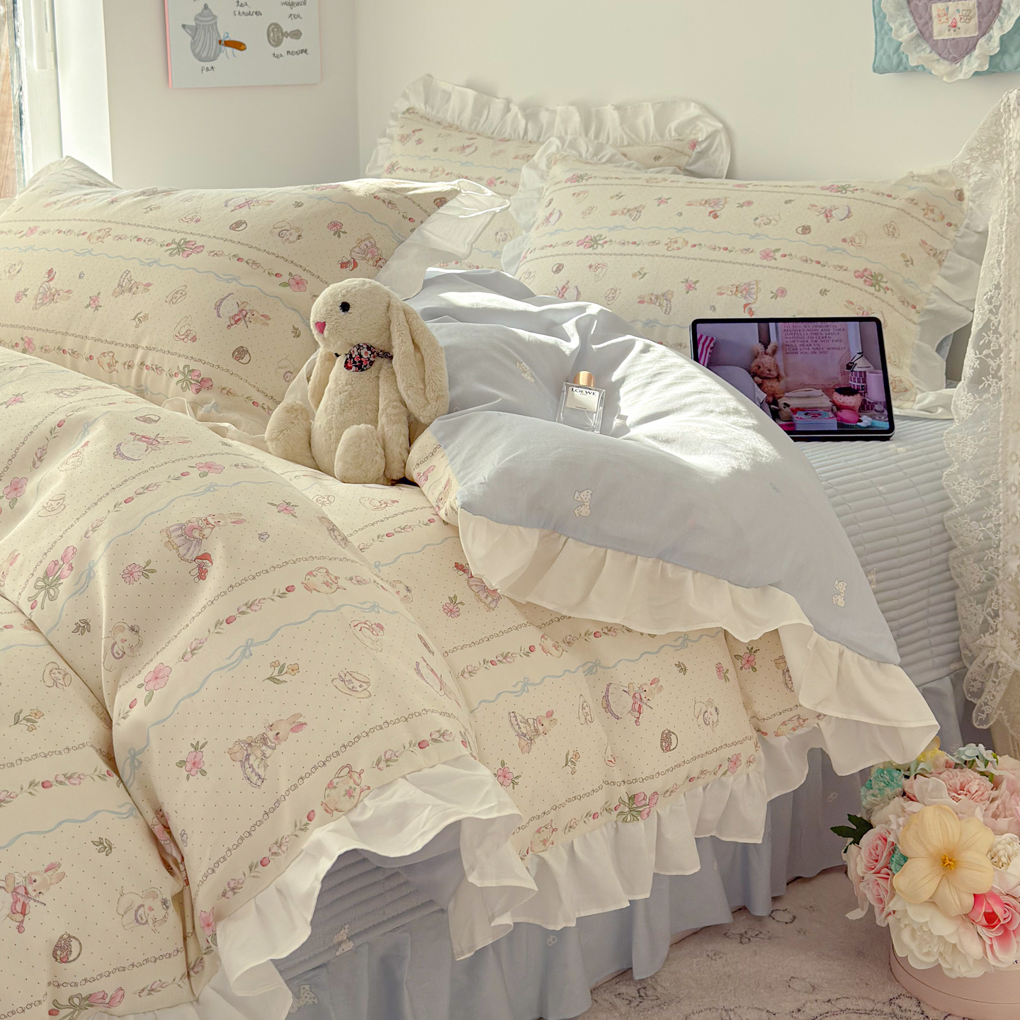 【春夏上新】自然醒全棉绗缝花边床盖四件套床垫保护床套加厚防滑床盖JY