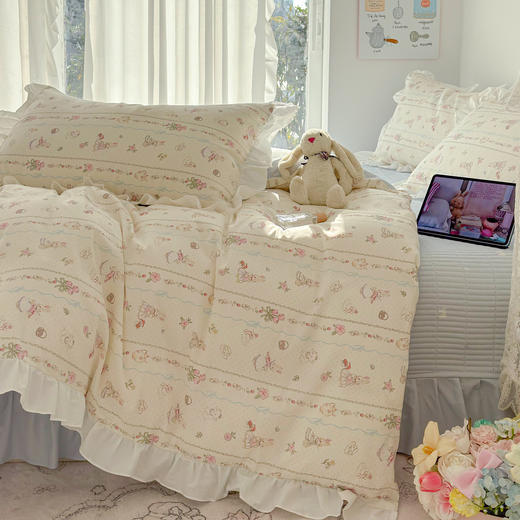 【春夏上新】自然醒全棉绗缝花边床盖四件套床垫保护床套加厚防滑床盖JY 商品图12