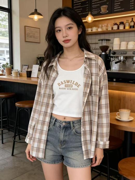 品牌促【自营】衣周期 （两件套）春夏薄款～100%棉9131卡其格子衬衫➕背心套装上衣-喜出 商品图0