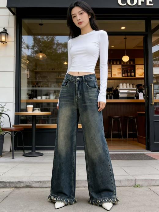 软料牛仔【自营】衣周期 8972（87%棉➕13%莱赛尔）垂感软料毛边工艺直筒阔腿百搭牛仔裤-喜出 商品图1