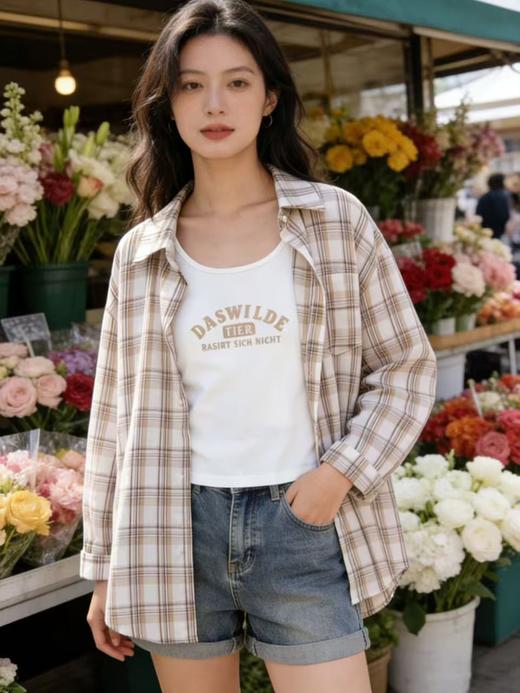 品牌促【自营】衣周期 （两件套）春夏薄款～100%棉9131卡其格子衬衫➕背心套装上衣-喜出 商品图1