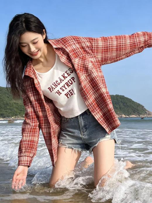 418良粉节|2026 活动爆款 品牌促【自营】衣周期 （两件套）春夏薄款～90%棉7396红格衬衫➕背心套装上衣-喜出 商品图1