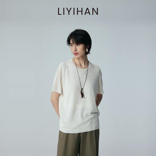 LIYIHAN 2026夏季新款亚麻短袖T恤女白色宽松小众设计感针织上衣 商品图0