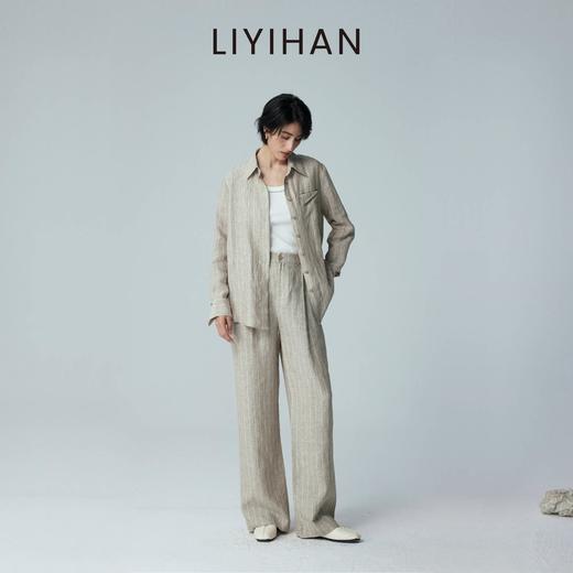 LIYIHAN 2026夏新款亚麻衬衫女通勤宽松卡其色条纹上衣设计感小众 商品图2