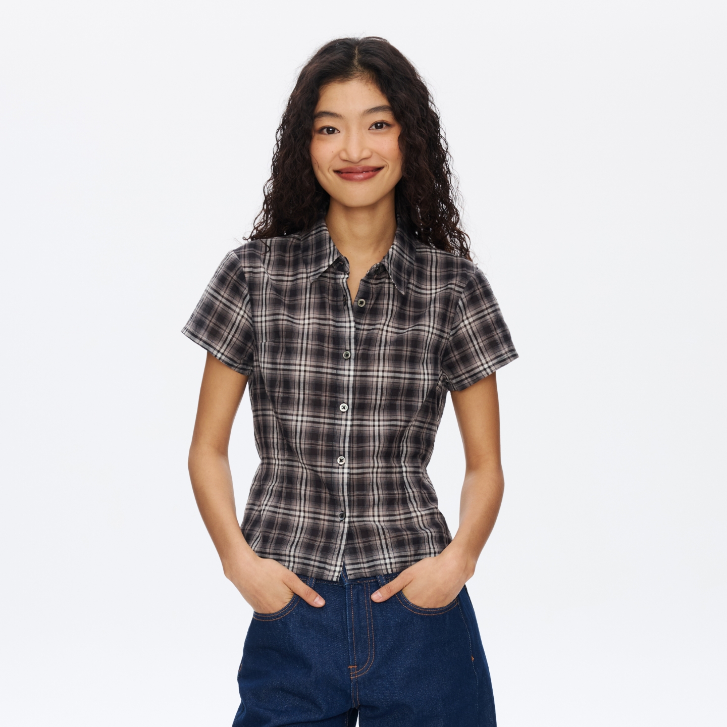 Oneup轻薄格子短袖绑带合身衬衫