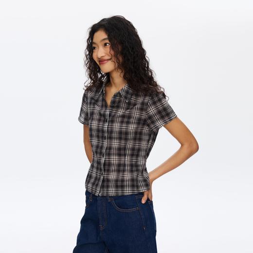 Oneup轻薄格子短袖绑带合身衬衫 商品图2