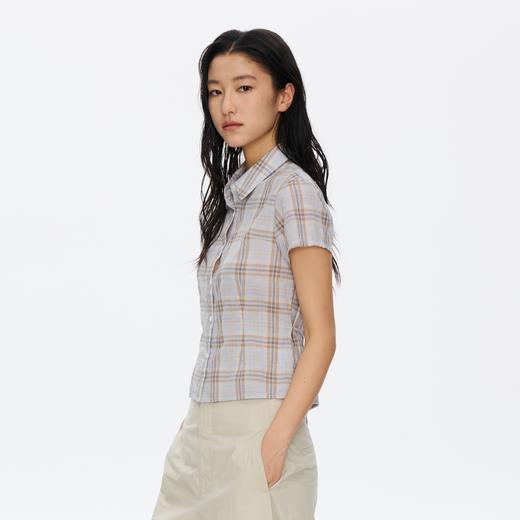 Oneup轻薄格子短袖绑带合身衬衫 商品图3