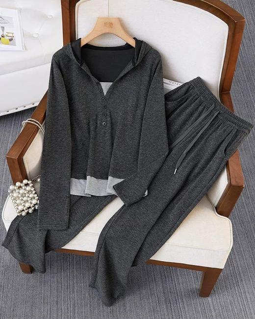 【爆款返场59元一套】春秋季减龄穿搭【糯米连帽套装】卫衣高腰阔腿裤 （两件套，非质量问题不退不换）慵懒风 高级感套装 韩系深灰色  搭配无忧ZXFX2026 商品图5