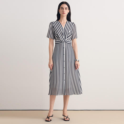 EITIE爱特爱气质V领条纹显瘦收腰通勤连衣裙2026夏季新款8607326 商品图1