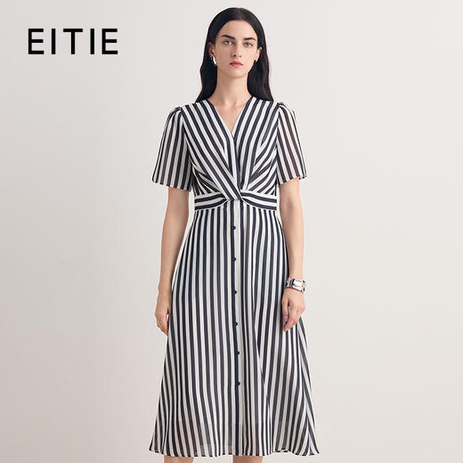 EITIE爱特爱气质V领条纹显瘦收腰通勤连衣裙2026夏季新款8607326 商品图0