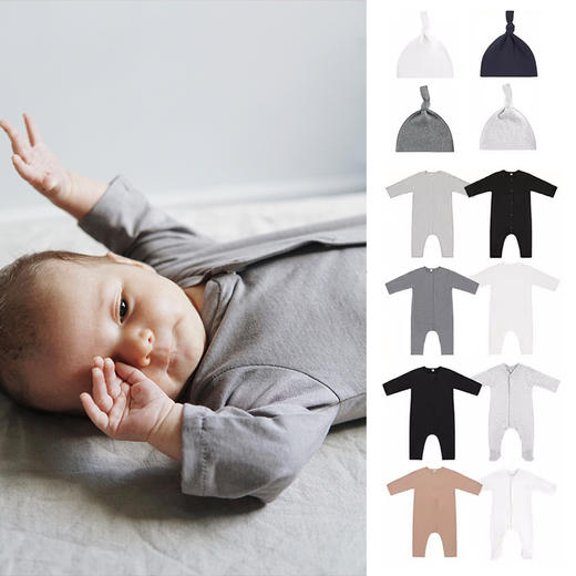 A basic brand 26ss新品 新生儿罗纹连体包屁衣胎帽围兜 商品图0