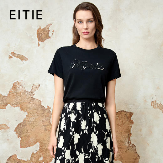 EITIE爱特爱夏季新款时尚百搭打底舒适圆领印花亮片T恤女8102801 商品图1