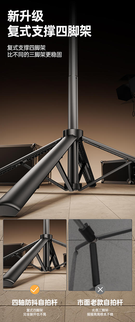 WIWU自拍杆三四脚架旅游自拍神器360度旋转防抖手机直播摄影拍照支架便携式落地手持vlog随身补光灯 商品图2