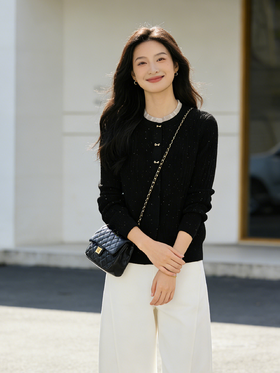 预售 臣禾	【星辰小衫】撞色木耳边新澳珠片纱套头针织衫	9261090396