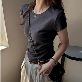 2026 新款 韩系小圆领正肩短袖 T 恤女 侧边褶皱修身打底夏季上衣ZXFX2026