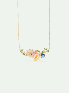 订购6周到｜Les Nereides-Pink water lily golden lotus-粉色睡莲 金色莲花 蓝色圆形宝石 项链［法国设计师］