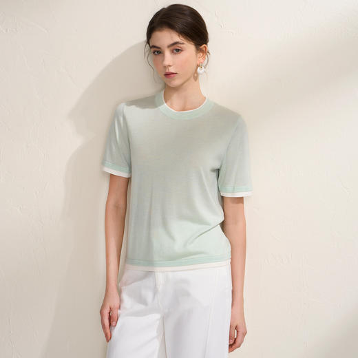 EITIE爱特爱简约撞色高级感透气凉爽圆领短袖针织T恤2026夏季新款B2601212 商品图2