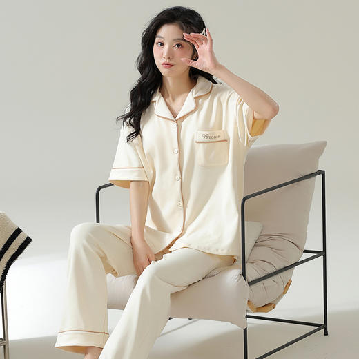 2026 新款全棉带胸垫睡衣女 夏季短袖长裤开衫 纯棉可外穿家居服套装ZXFX2026 商品图3