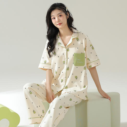 2026 新款全棉带胸垫睡衣女 夏季短袖长裤开衫 纯棉可外穿家居服套装ZXFX2026 商品图2