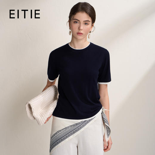 EITIE爱特爱简约撞色高级感透气凉爽圆领短袖针织T恤2026夏季新款B2601212 商品图1