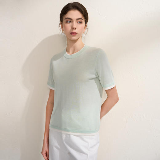 EITIE爱特爱简约撞色高级感透气凉爽圆领短袖针织T恤2026夏季新款B2601212 商品图3