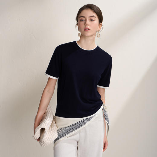 EITIE爱特爱简约撞色高级感透气凉爽圆领短袖针织T恤2026夏季新款B2601212 商品图7