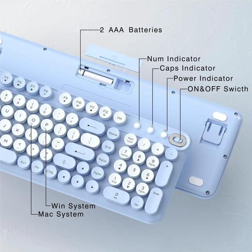 复古打字机风格键盘 2.4GHz USB 接收器 即插即用 适用于电脑、笔记本、Windows、Mac 蓝色 K8890T 商品图2