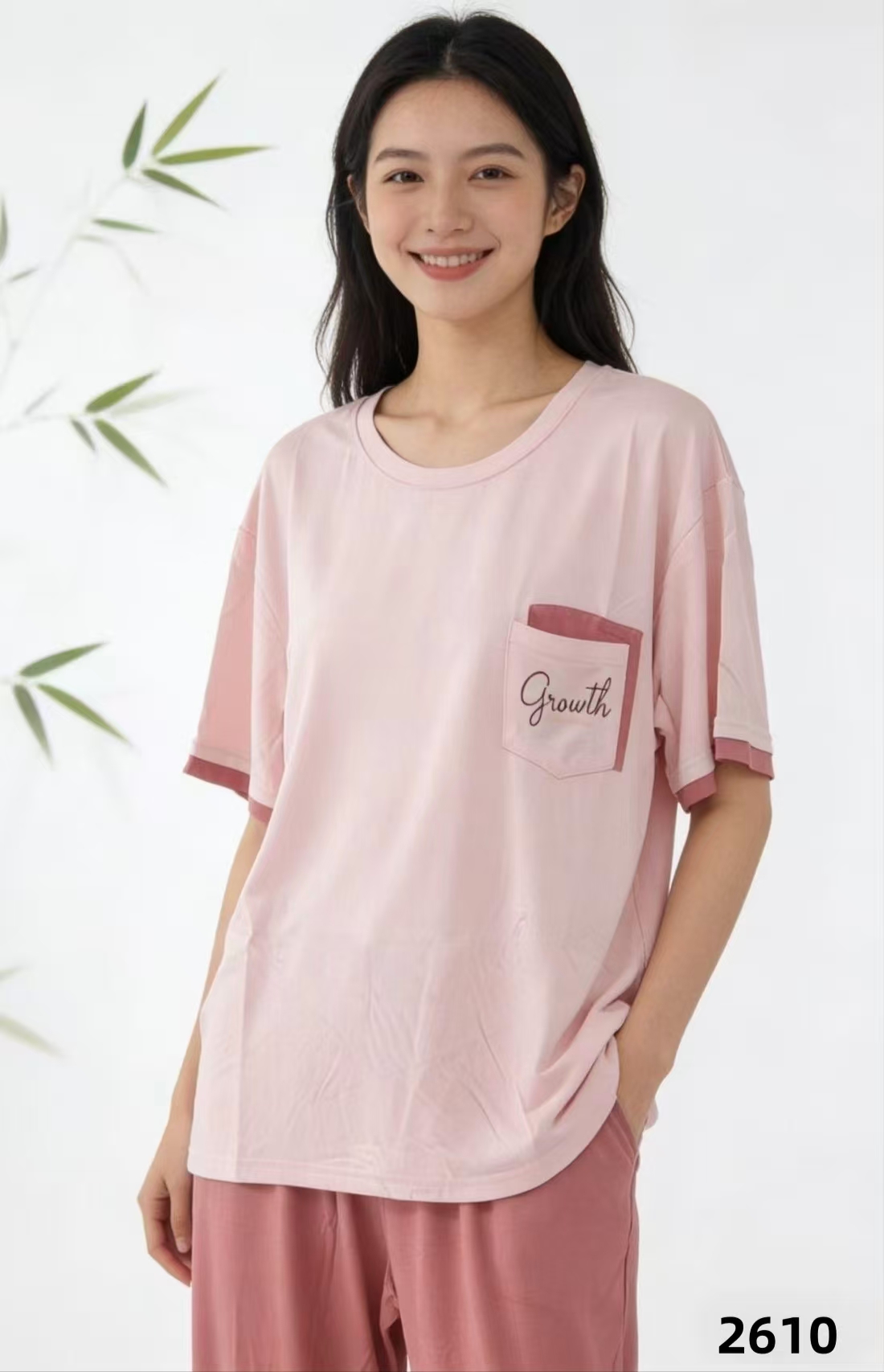 LS竹纤维女士时尚撞色口袋半袖长款家居套2610