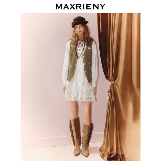 MAXRIENY老钱度假风V领马夹修身背心女2025秋款短款合身马甲外搭(货号:MS86VE251) 商品图1