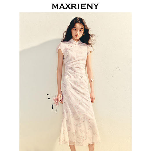 玛克门店发货：MAXRIENY中式绣花印花收腰连衣裙25夏款修身长裙改良旗袍裙领证裙(货号:MS86DR005) 商品图1