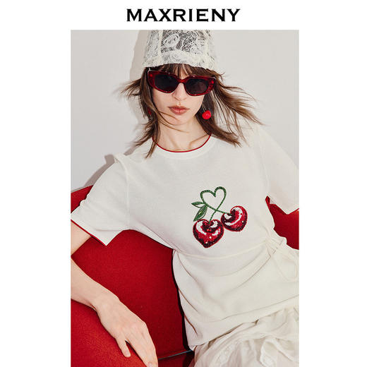 玛克门店发货：MAXRIENY甜美风樱桃钉珠绣花短袖毛衫收腰系带上衣(货号:MC86SW267) 商品图2