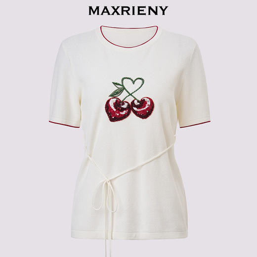 玛克门店发货：MAXRIENY甜美风樱桃钉珠绣花短袖毛衫收腰系带上衣(货号:MC86SW267) 商品图4