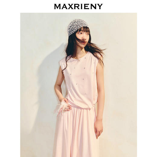 马克门店发货：MAXRIENY樱花粉温柔收腰抽褶短袖T恤女无袖修身上衣(货号:MC86TS004) 商品图2