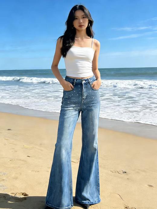 爆款烫钻【自营】1628超显瘦春季牛仔星空钻筒喇裤长款拖地裤-喜出 商品图4