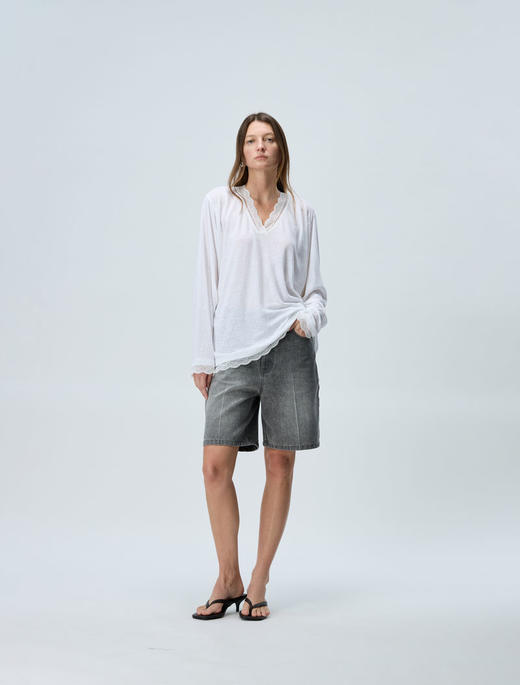 蕾丝V领长袖T 商品图1